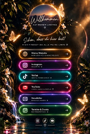 Entwurf eines dunklen Linktree-Profils mit sechs farbig leuchtenden Link-Buttons